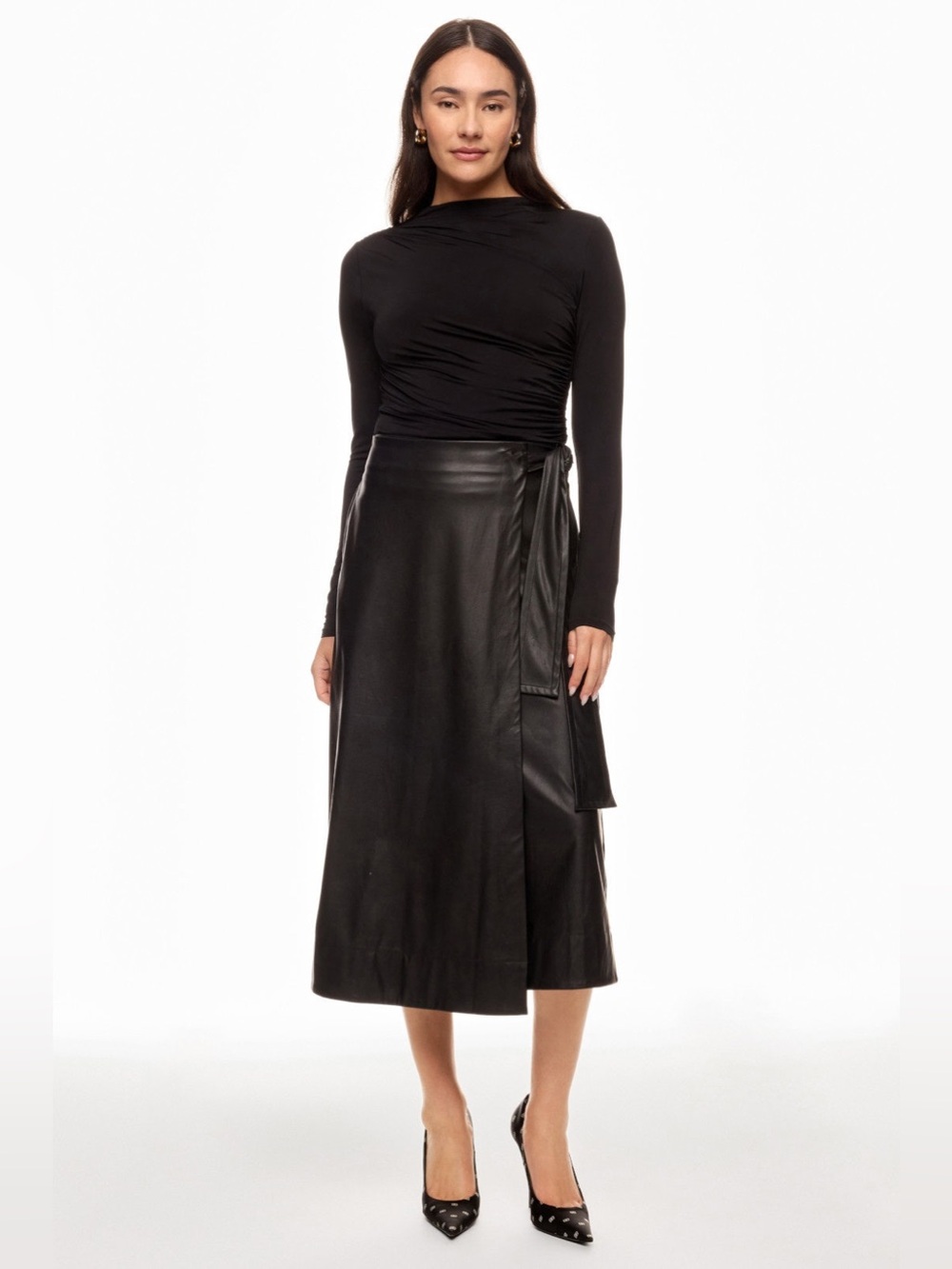 Black Faux Leather Wrap Midi Skirt
